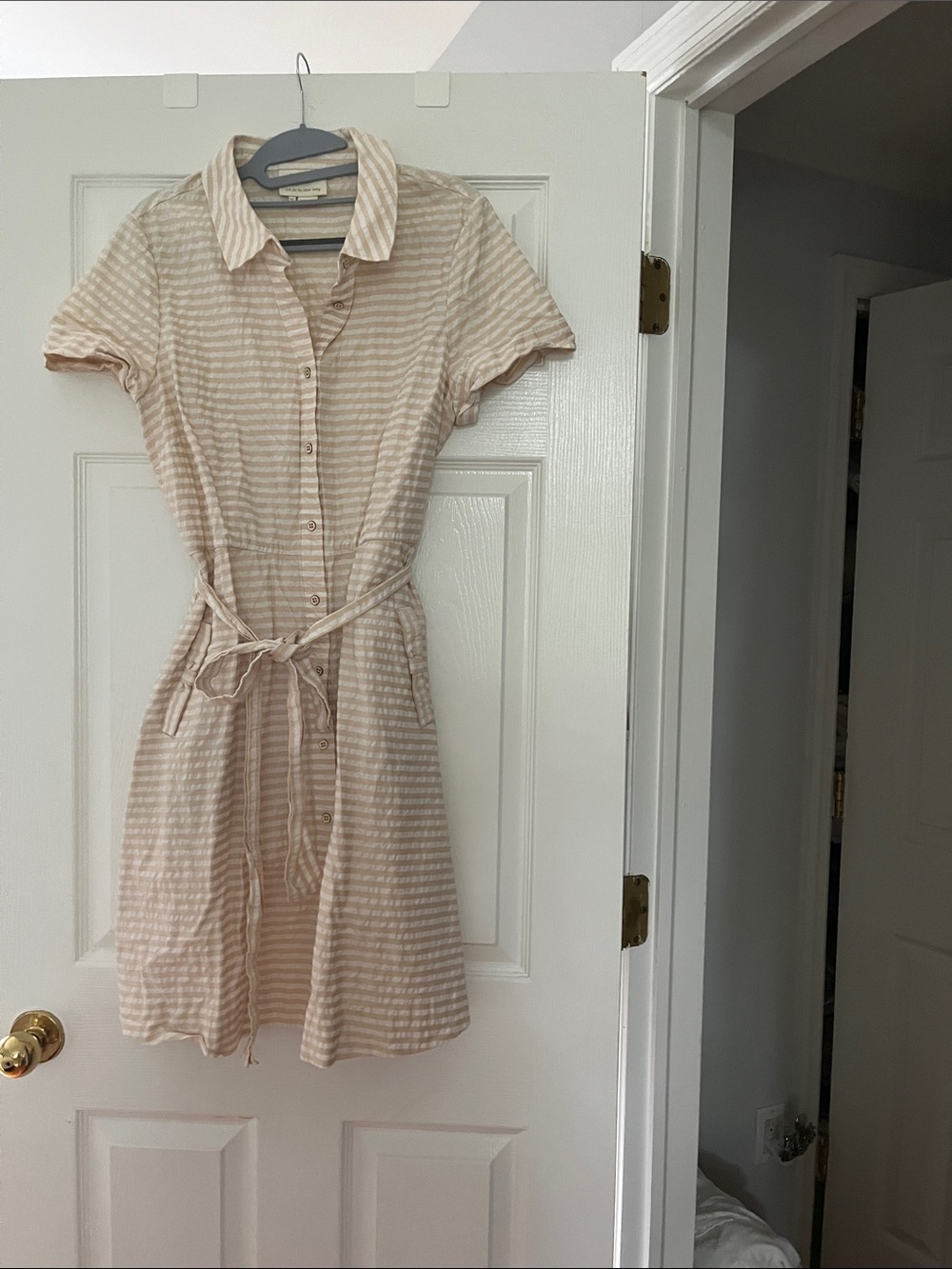 Striped Short-Sleeve Shirt Dress with Tie Waist - Cream